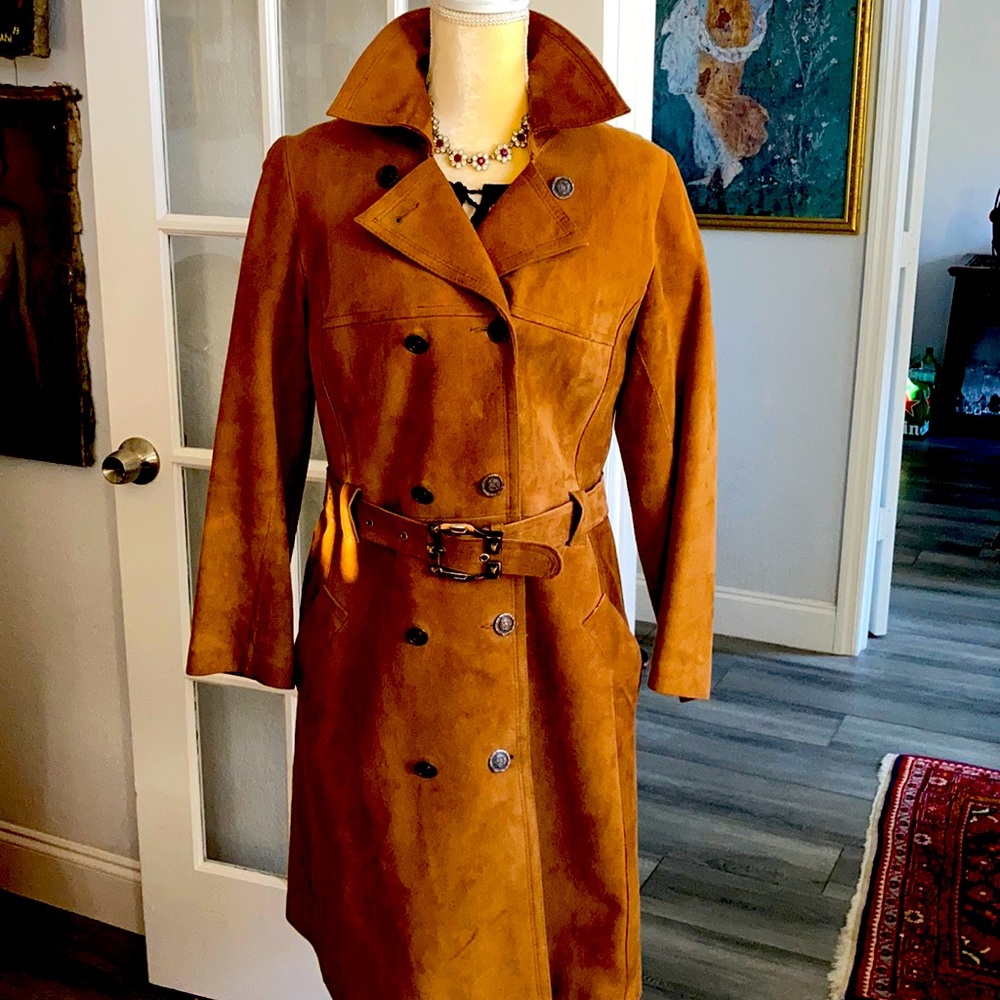 Double Breasted Suede Belted Trench Coat